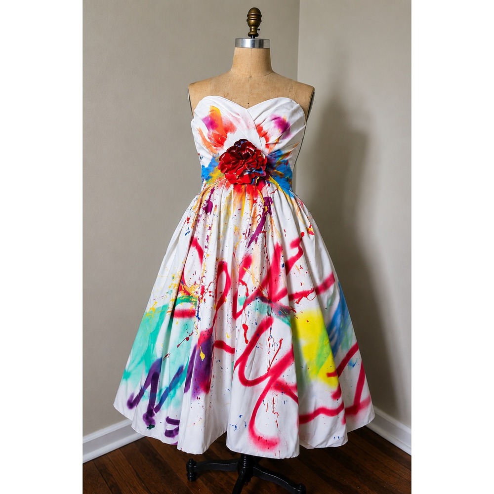 Oleg Cassini Custom Painted Strapless Bubble Dress XS/S Art Couture